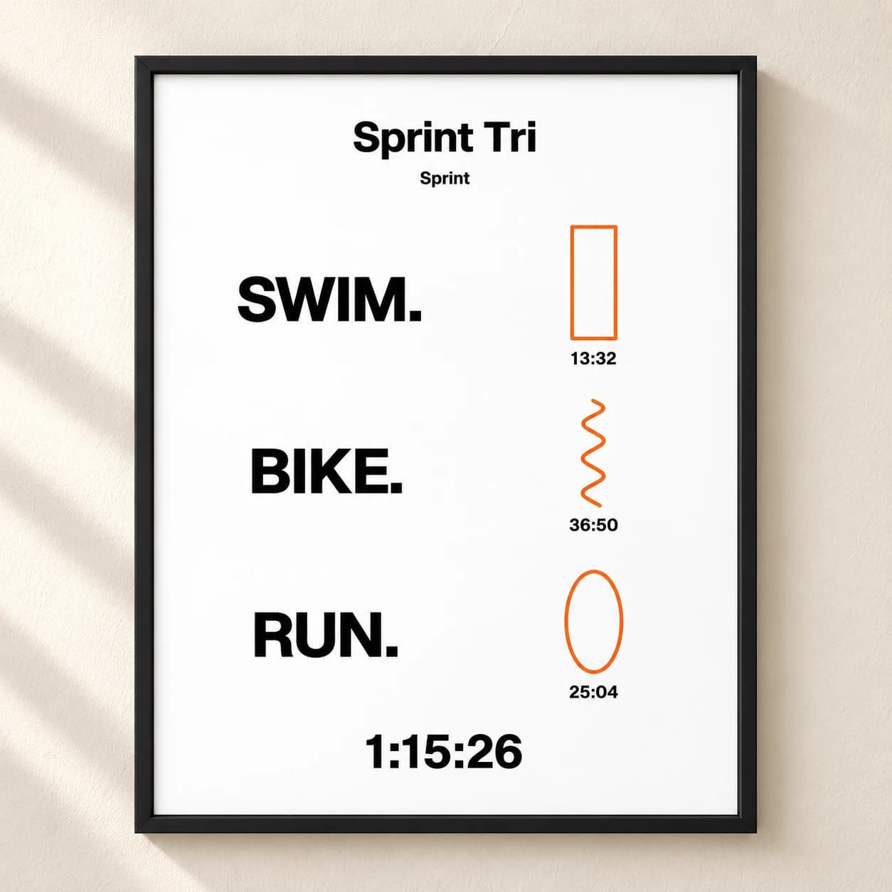 Triathlon Classic white print with bold swim, bike, and run labels and orange routes in a black frame